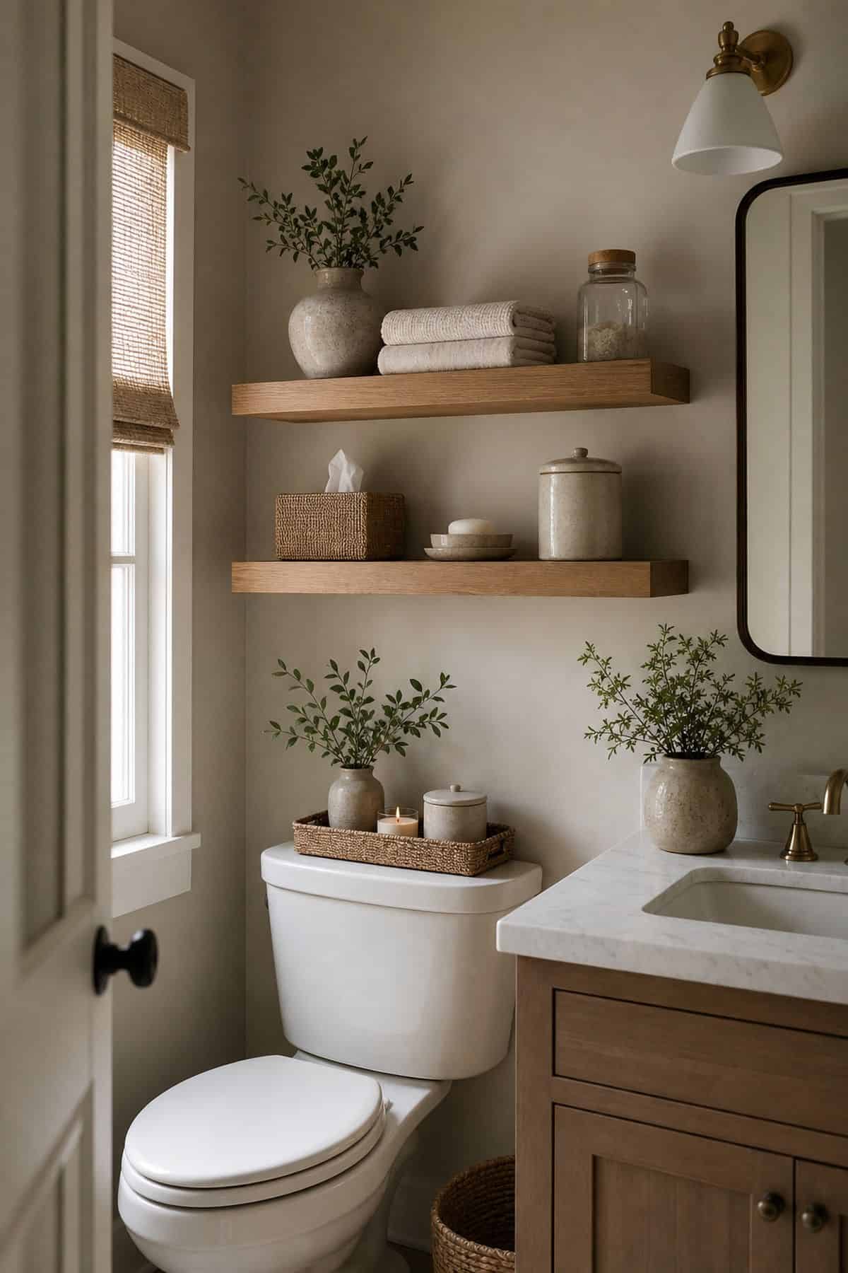 Install Simple Shelves to Hold Décor and Bathroom Items shown as a realistic Pretty Wild World image for 15 Half Bathroom Decor Ideas for a Fresh, Spa-Like Bathroom.
