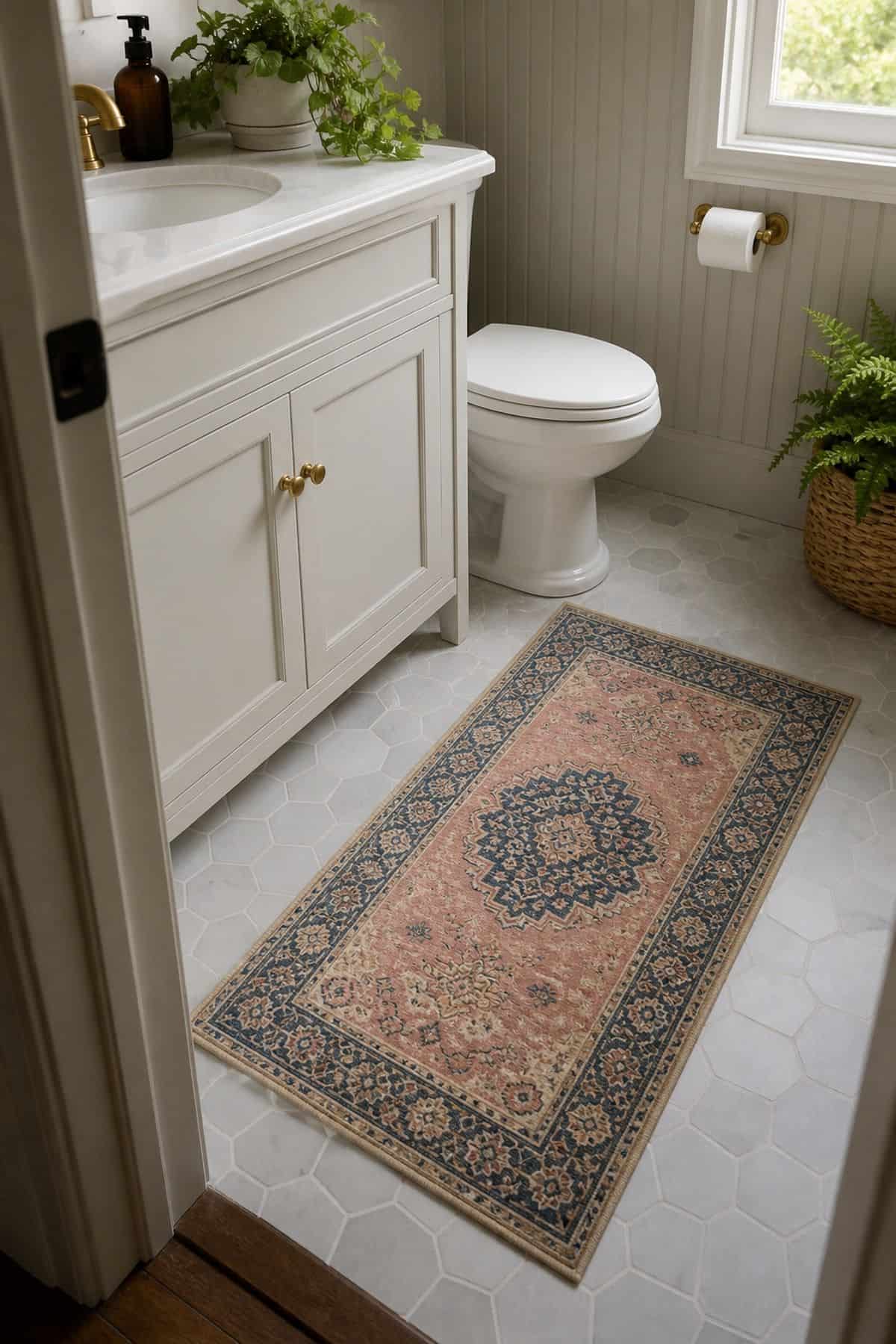 Lay Down a Patterned Runner or Colorful Bath Mat shown as a realistic Pretty Wild World image for 15 Half Bathroom Decor Ideas for a Fresh, Spa-Like Bathroom.