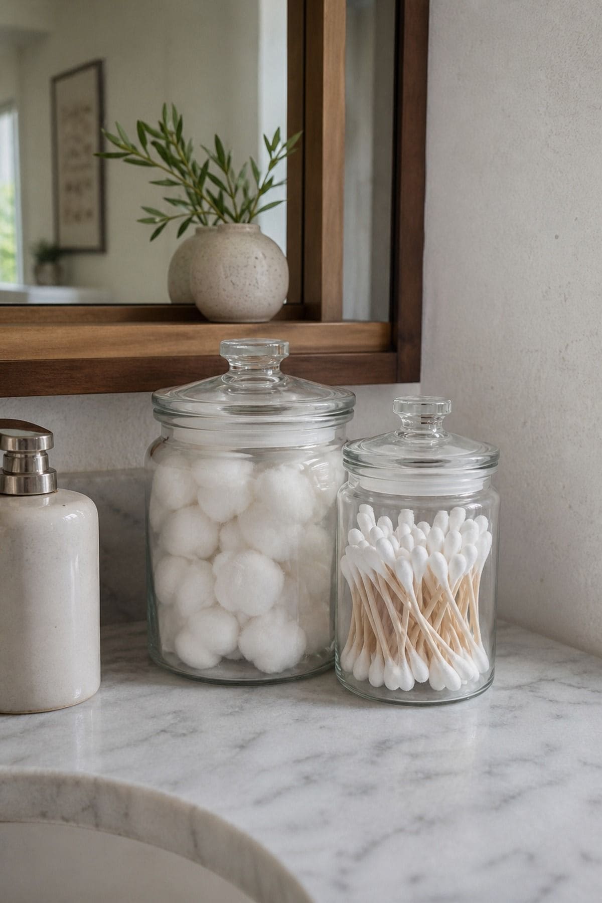 Store Cotton Balls and Swabs in Sleek Glass Canisters shown as a realistic Pretty Wild World image for 15 Half Bathroom Decor Ideas for a Fresh, Spa-Like Bathroom.