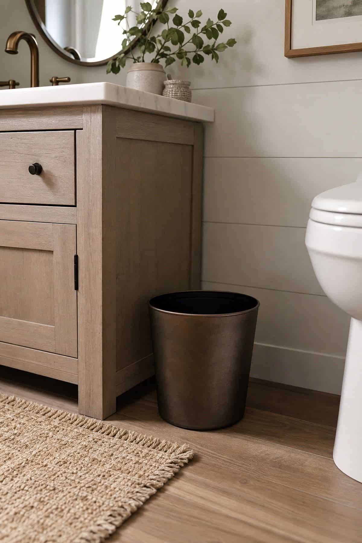 Pick a Stylish Trash Bin That Complements the Décor shown as a realistic Pretty Wild World image for 15 Half Bathroom Decor Ideas for a Fresh, Spa-Like Bathroom.