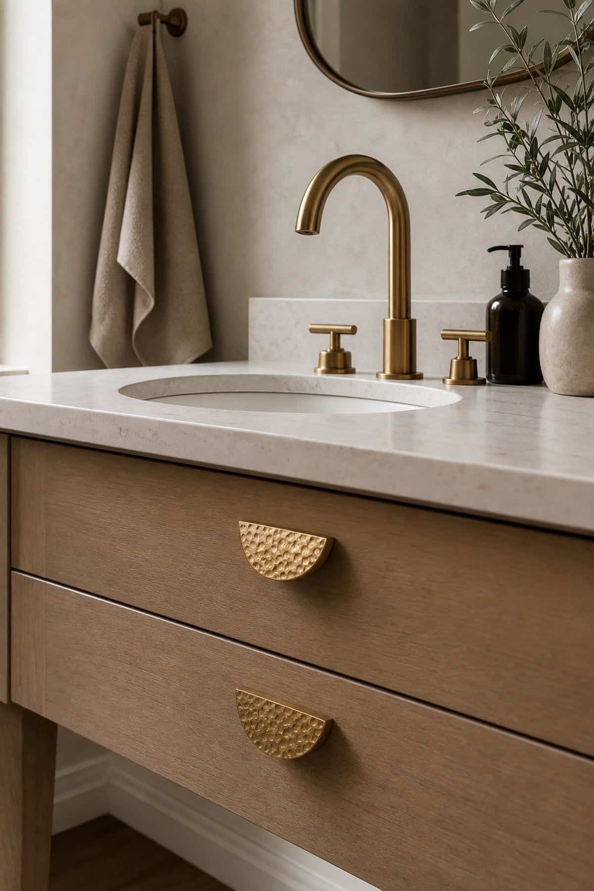Use an Artistic Faucet or Standout Drawer Pulls shown as a realistic Pretty Wild World image for 15 Half Bathroom Decor Ideas for a Fresh, Spa-Like Bathroom.
