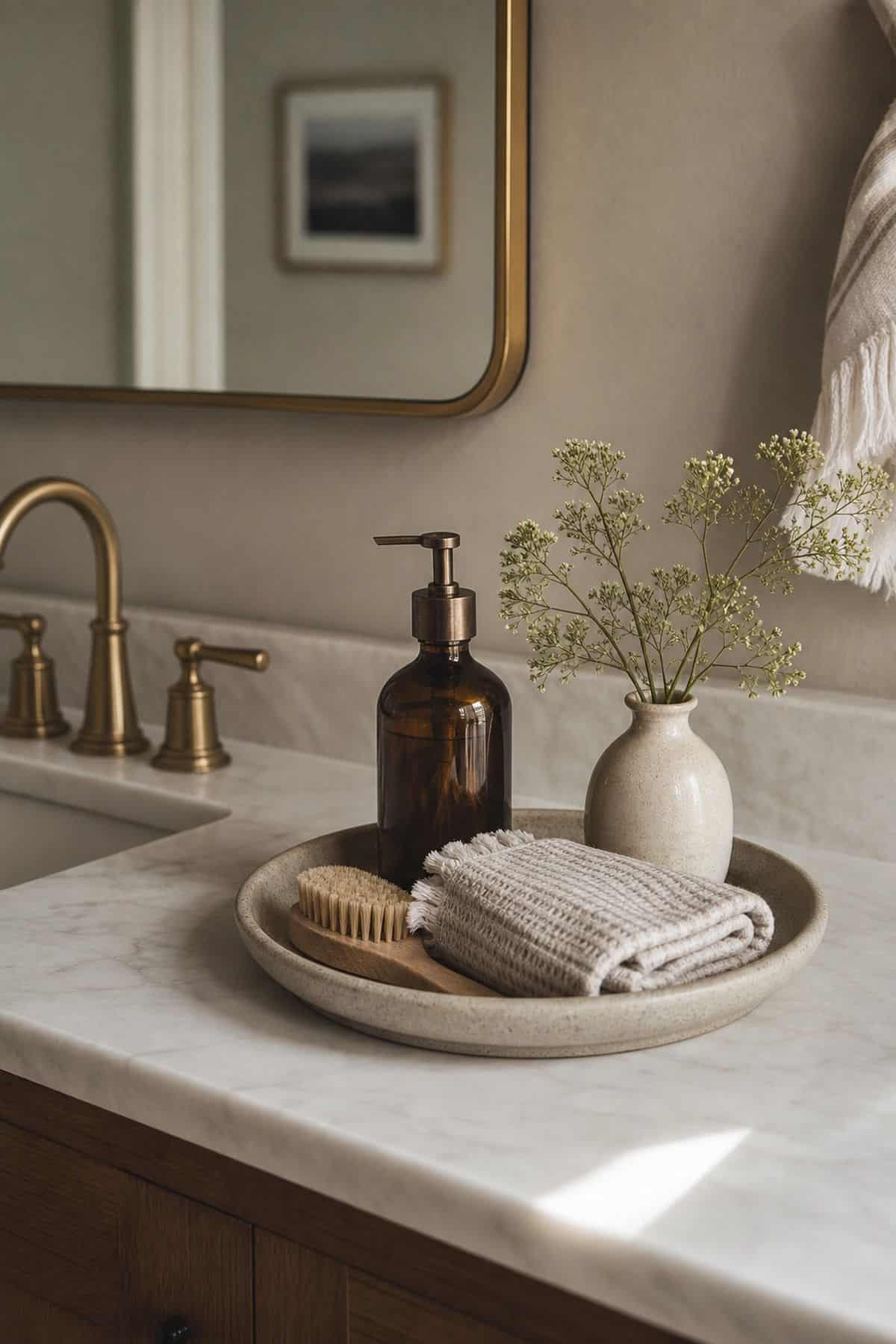 Set Toiletries on a Pretty Dish or Organizing Tray shown as a realistic Pretty Wild World image for 15 Half Bathroom Decor Ideas for a Fresh, Spa-Like Bathroom.