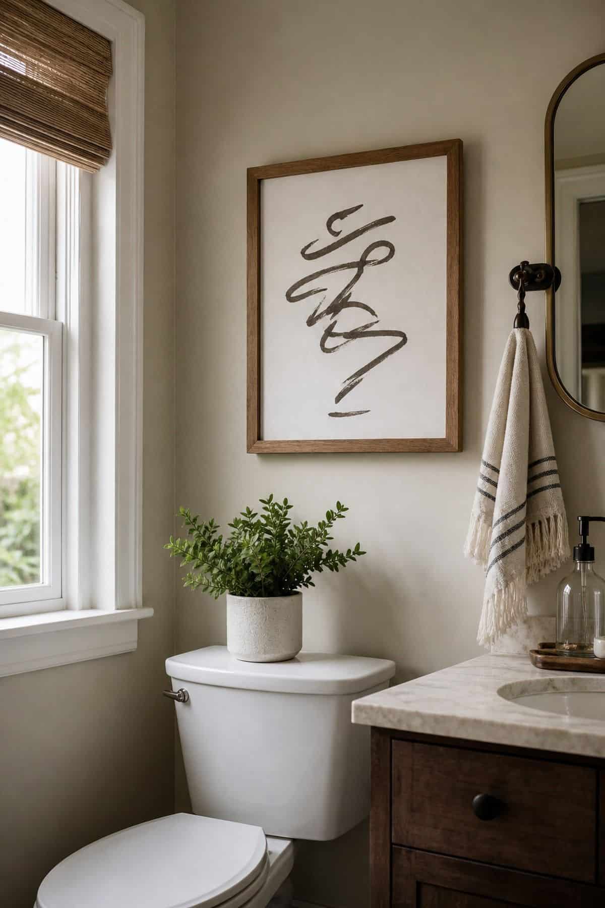 Hang a Fun or Classy Bathroom Quote Sign for Charm shown as a realistic Pretty Wild World image for 15 Half Bathroom Decor Ideas for a Fresh, Spa-Like Bathroom.