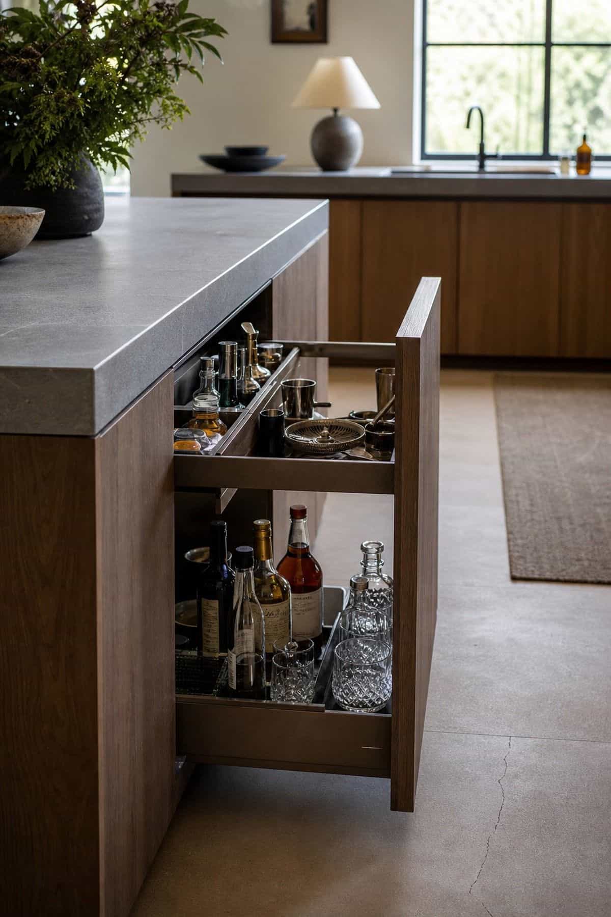 Slide-Out Bar Drawer Built Into Your Island shown as a realistic Pretty Wild World image for 15 Hidden Bar Ideas for Home for a More Curated Home Aesthetic.