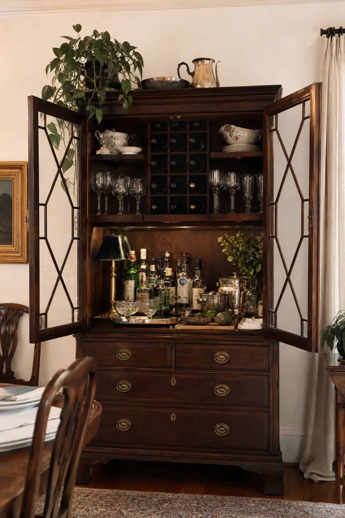 Concealed Bar Inside a Classic China Cabinet shown as a realistic Pretty Wild World image for 15 Hidden Bar Ideas for Home for a More Curated Home Aesthetic.