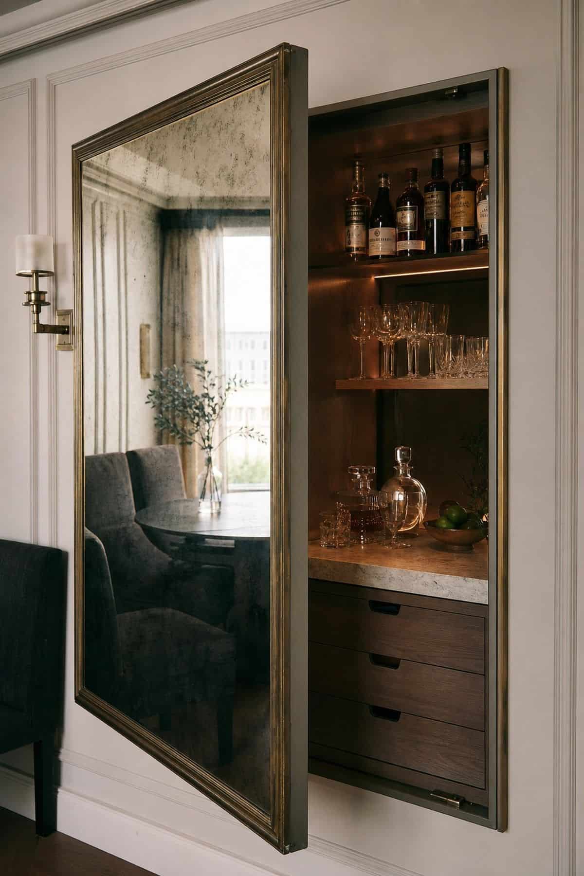 Bar Nook Hidden Behind a Hinged Mirror or Framed Art shown as a realistic Pretty Wild World image for 15 Hidden Bar Ideas for Home for a More Curated Home Aesthetic.