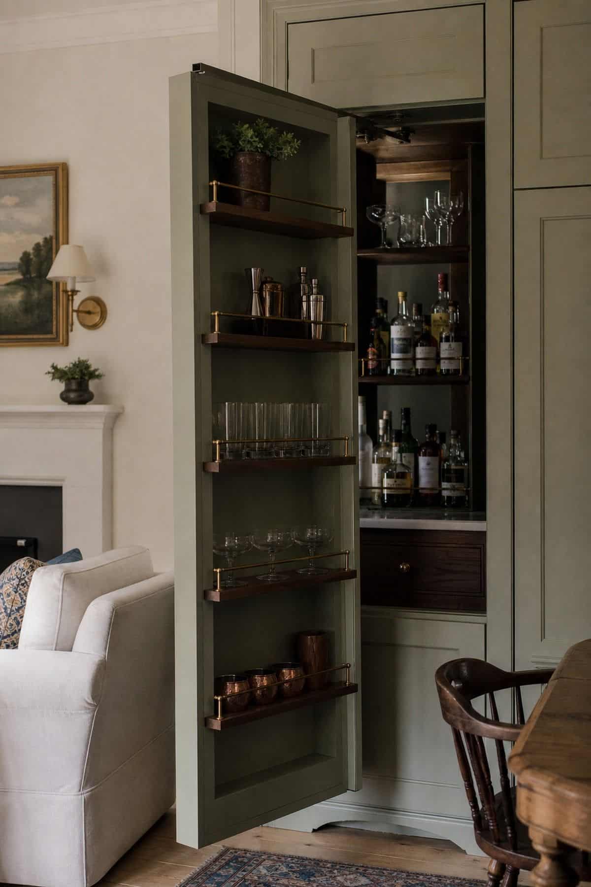 Swing-Open Shelving That Reveals Spirits and Glassware shown as a realistic Pretty Wild World image for 15 Hidden Bar Ideas for Home for a More Curated Home Aesthetic.