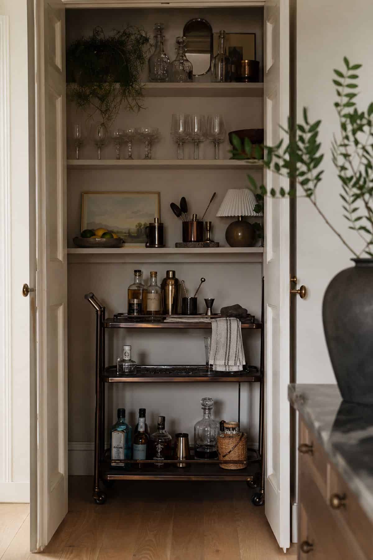 Rolling Bar Cart Stored Inside a Pantry or Closet shown as a realistic Pretty Wild World image for 15 Hidden Bar Ideas for Home for a More Curated Home Aesthetic.