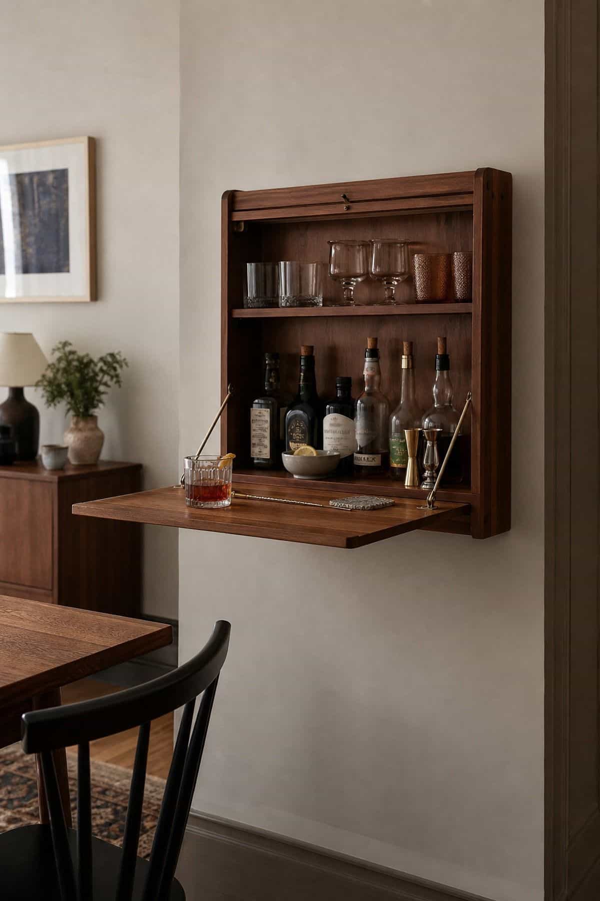 Wall Cabinet That Folds Down to Create a Mini Bar Space shown as a realistic Pretty Wild World image for 15 Hidden Bar Ideas for Home for a More Curated Home Aesthetic.