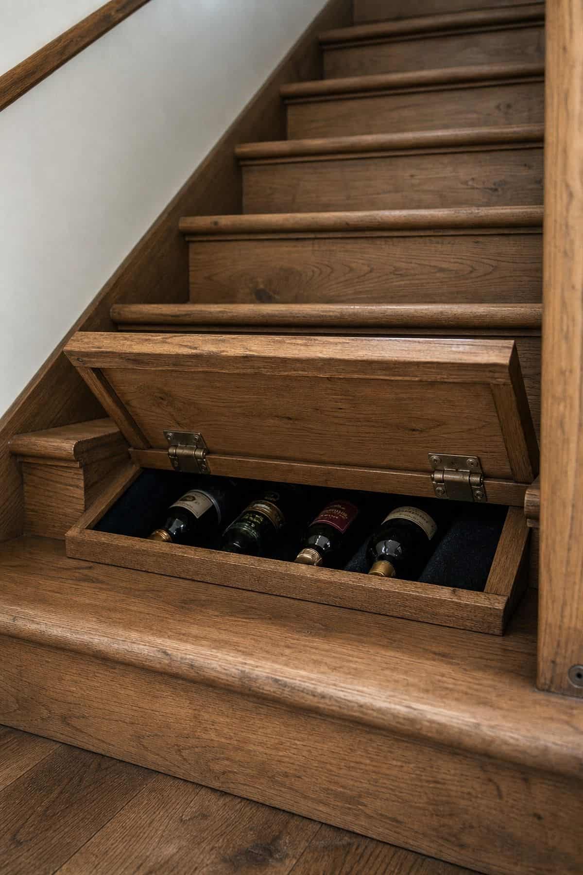 Stair Step With a Hinged Top for Stashing Bottles shown as a realistic Pretty Wild World image for 15 Hidden Bar Ideas for Home for a More Curated Home Aesthetic.