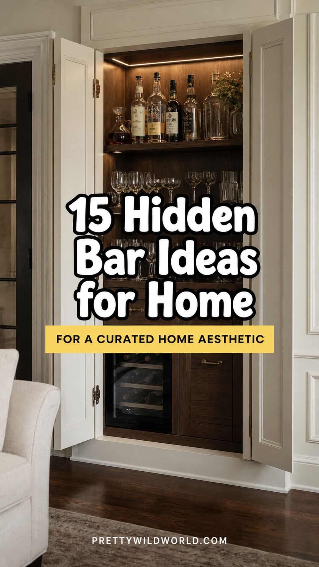 Pinterest pin for 15 Hidden Bar Ideas for Home for a More Curated Home Aesthetic from Pretty Wild World.