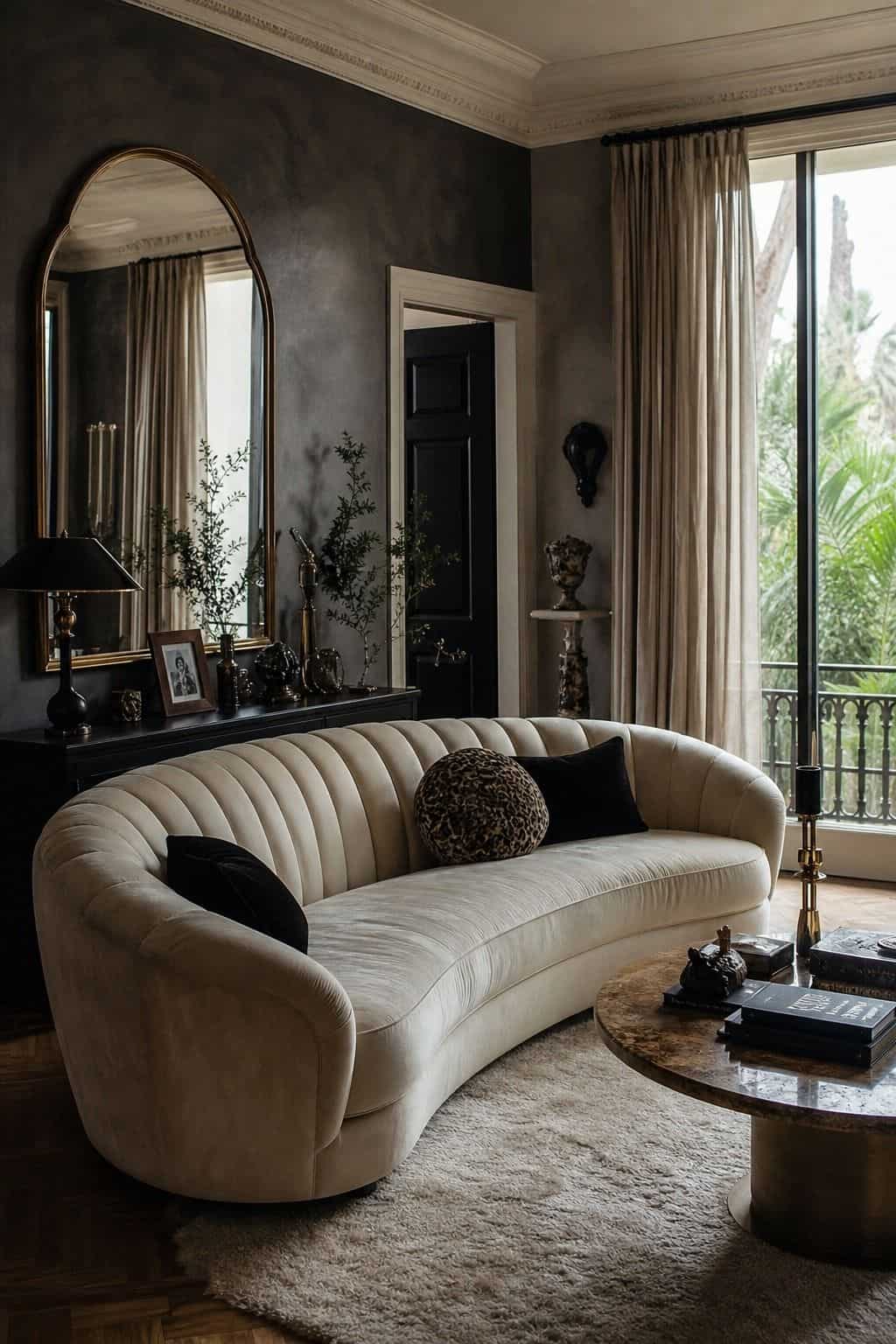 Hollywood Regency living room idea showing a curved channel-tufted sofa in a glamorous but livable space with velvet upholstery, brass details, glass or mirrored surfaces, crisp contrast, and layered decor. The image is meant to help readers picture how this specific design move can make a living room feel dramatic, polished, and editorial without becoming gaudy or overly themed, while still feeling comfortable enough for everyday hosting and lounging.