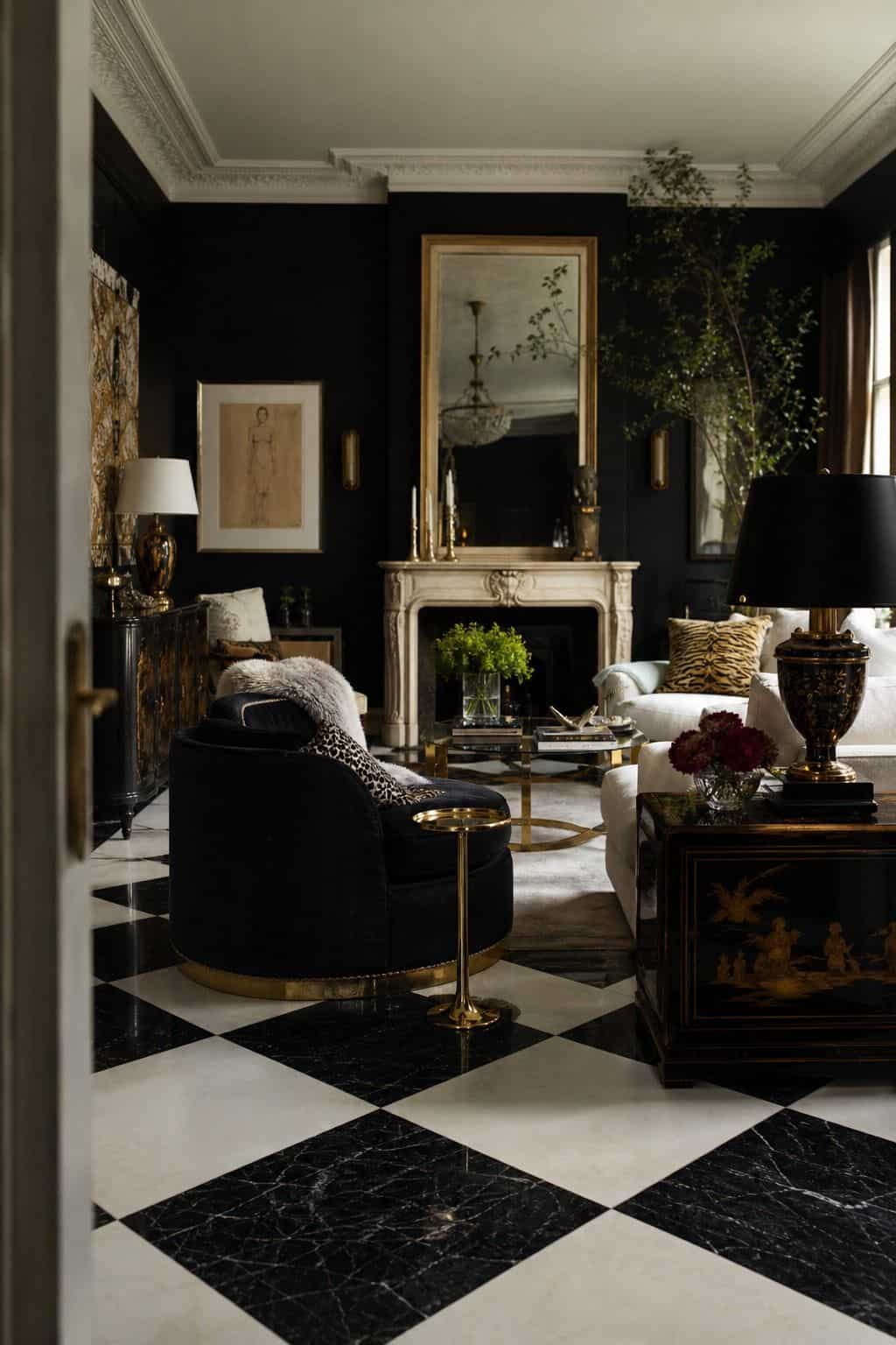 Hollywood Regency living room idea showing a black-and-white checkerboard floor in a glamorous but livable space with velvet upholstery, brass details, glass or mirrored surfaces, crisp contrast, and layered decor. The image is meant to help readers picture how this specific design move can make a living room feel dramatic, polished, and editorial without becoming gaudy or overly themed, while still feeling comfortable enough for everyday hosting and lounging.