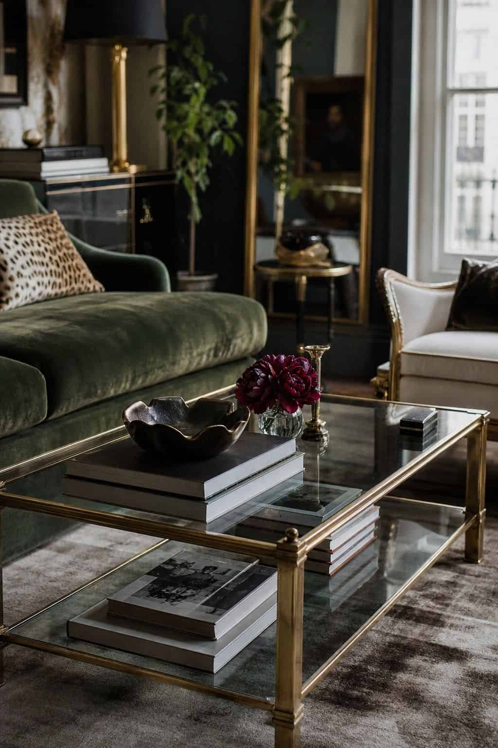 Hollywood Regency living room idea showing a brass and glass coffee table in a glamorous but livable space with velvet upholstery, brass details, glass or mirrored surfaces, crisp contrast, and layered decor. The image is meant to help readers picture how this specific design move can make a living room feel dramatic, polished, and editorial without becoming gaudy or overly themed, while still feeling comfortable enough for everyday hosting and lounging.