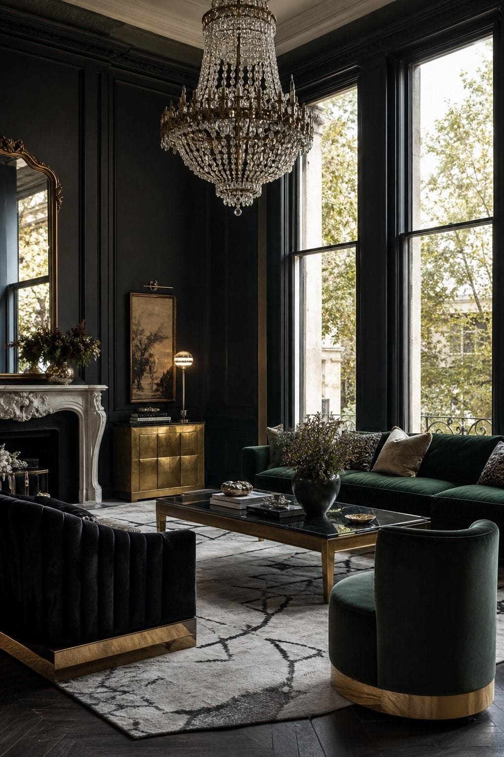 Hollywood Regency living room idea showing a statement chandelier in a glamorous but livable space with velvet upholstery, brass details, glass or mirrored surfaces, crisp contrast, and layered decor. The image is meant to help readers picture how this specific design move can make a living room feel dramatic, polished, and editorial without becoming gaudy or overly themed, while still feeling comfortable enough for everyday hosting and lounging.
