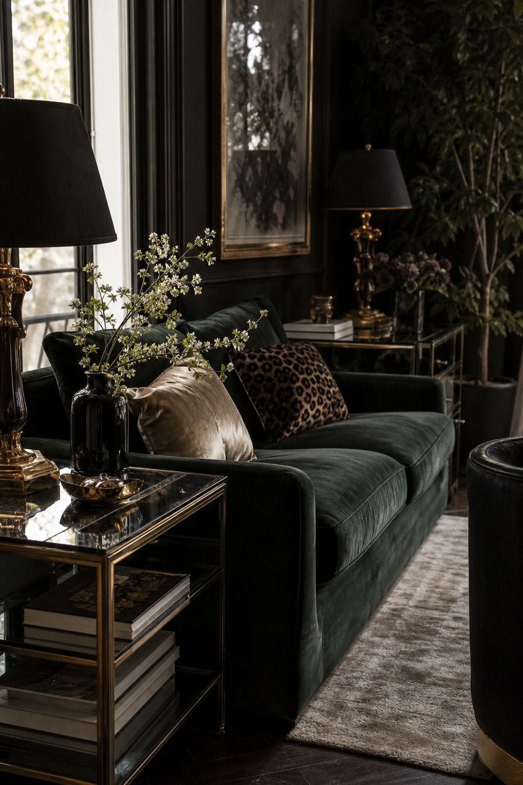 Hollywood Regency living room idea showing mirrored side tables in a glamorous but livable space with velvet upholstery, brass details, glass or mirrored surfaces, crisp contrast, and layered decor. The image is meant to help readers picture how this specific design move can make a living room feel dramatic, polished, and editorial without becoming gaudy or overly themed, while still feeling comfortable enough for everyday hosting and lounging.