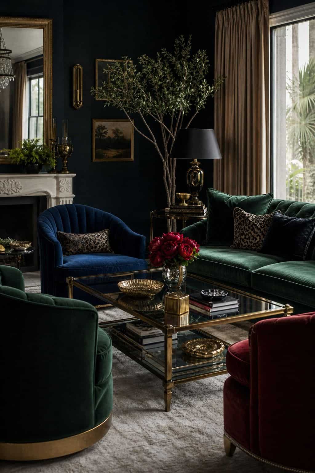 Hollywood Regency living room idea showing jewel-tone velvet seating in a glamorous but livable space with velvet upholstery, brass details, glass or mirrored surfaces, crisp contrast, and layered decor. The image is meant to help readers picture how this specific design move can make a living room feel dramatic, polished, and editorial without becoming gaudy or overly themed, while still feeling comfortable enough for everyday hosting and lounging.