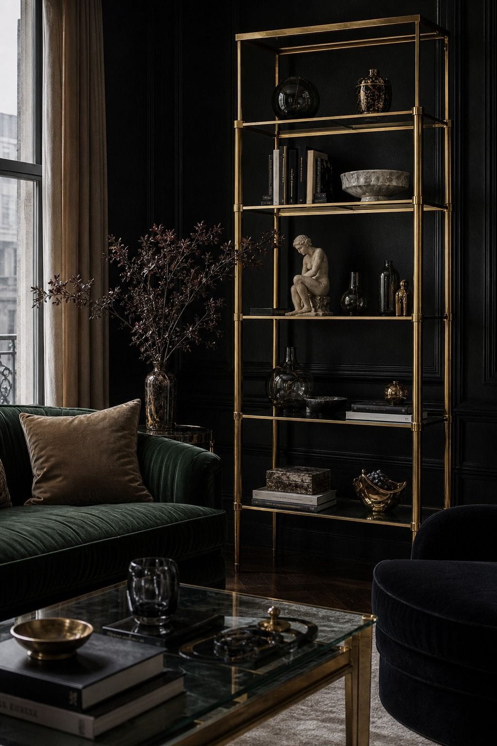 Hollywood Regency living room idea showing a gold etagere styled glam in a glamorous but livable space with velvet upholstery, brass details, glass or mirrored surfaces, crisp contrast, and layered decor. The image is meant to help readers picture how this specific design move can make a living room feel dramatic, polished, and editorial without becoming gaudy or overly themed, while still feeling comfortable enough for everyday hosting and lounging.