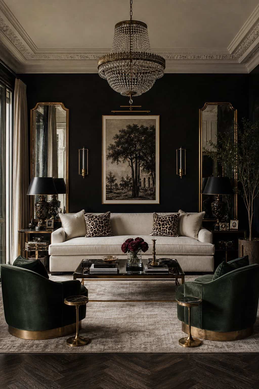 Hollywood Regency living room idea showing bold symmetry in a glamorous but livable space with velvet upholstery, brass details, glass or mirrored surfaces, crisp contrast, and layered decor. The image is meant to help readers picture how this specific design move can make a living room feel dramatic, polished, and editorial without becoming gaudy or overly themed, while still feeling comfortable enough for everyday hosting and lounging.