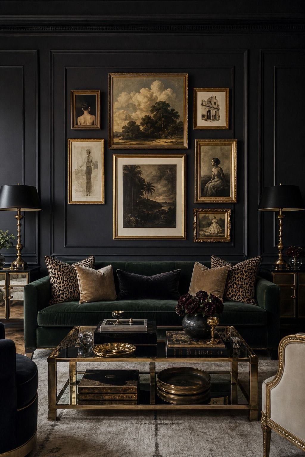 Hollywood Regency living room idea showing a gallery of gold-frame art in a glamorous but livable space with velvet upholstery, brass details, glass or mirrored surfaces, crisp contrast, and layered decor. The image is meant to help readers picture how this specific design move can make a living room feel dramatic, polished, and editorial without becoming gaudy or overly themed, while still feeling comfortable enough for everyday hosting and lounging.