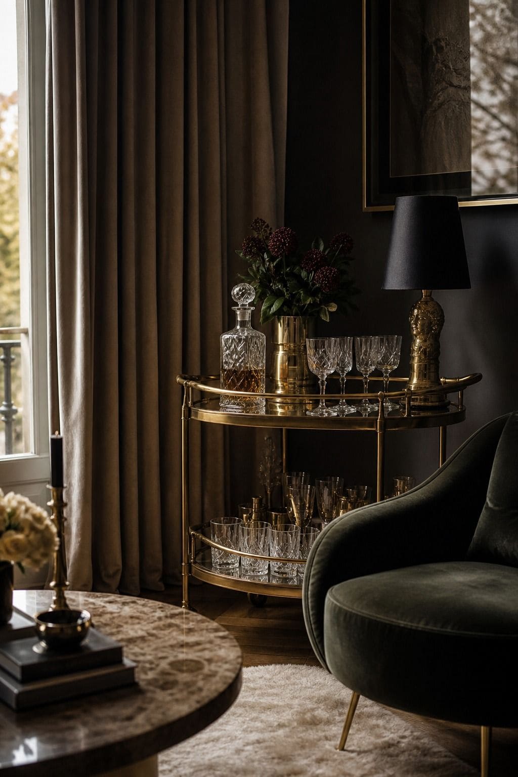 Hollywood Regency living room idea showing a bar cart in a glamorous but livable space with velvet upholstery, brass details, glass or mirrored surfaces, crisp contrast, and layered decor. The image is meant to help readers picture how this specific design move can make a living room feel dramatic, polished, and editorial without becoming gaudy or overly themed, while still feeling comfortable enough for everyday hosting and lounging.