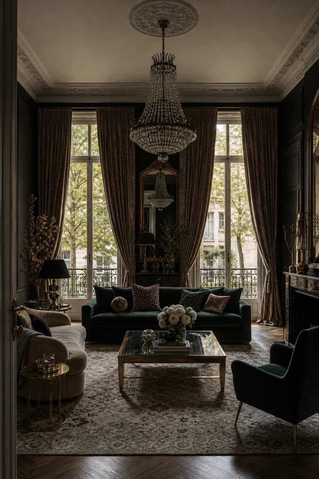 Hollywood Regency living room idea showing dramatic drapery in a glamorous but livable space with velvet upholstery, brass details, glass or mirrored surfaces, crisp contrast, and layered decor. The image is meant to help readers picture how this specific design move can make a living room feel dramatic, polished, and editorial without becoming gaudy or overly themed, while still feeling comfortable enough for everyday hosting and lounging.