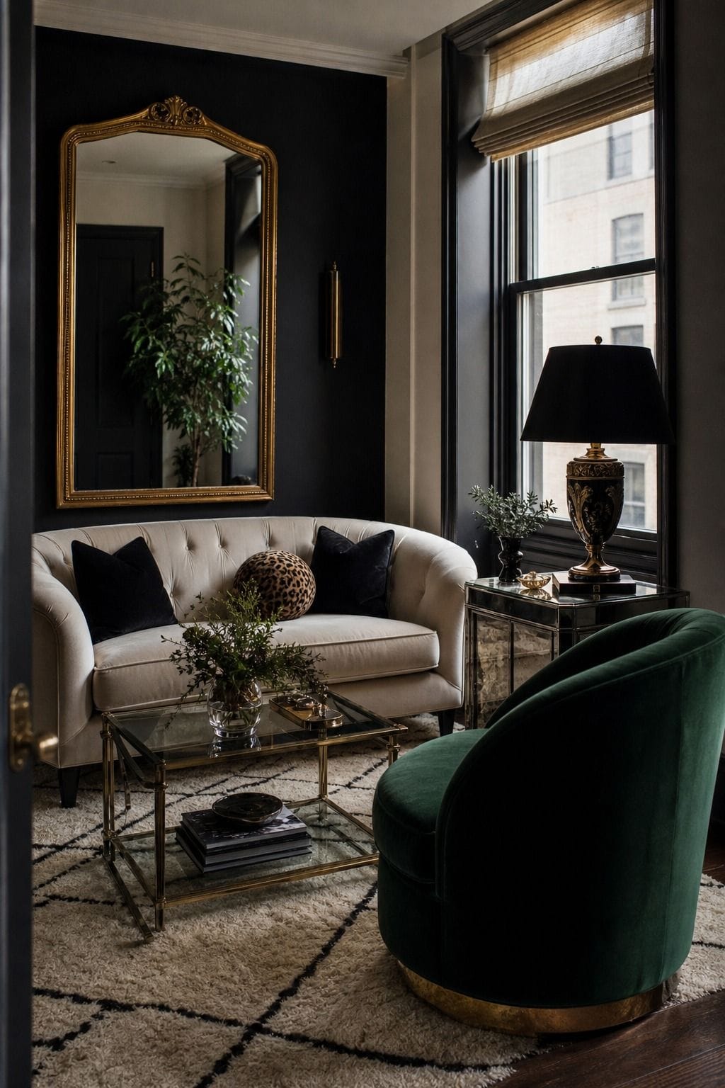Hollywood Regency living room idea showing the small-living-room version in a glamorous but livable space with velvet upholstery, brass details, glass or mirrored surfaces, crisp contrast, and layered decor. The image is meant to help readers picture how this specific design move can make a living room feel dramatic, polished, and editorial without becoming gaudy or overly themed, while still feeling comfortable enough for everyday hosting and lounging.
