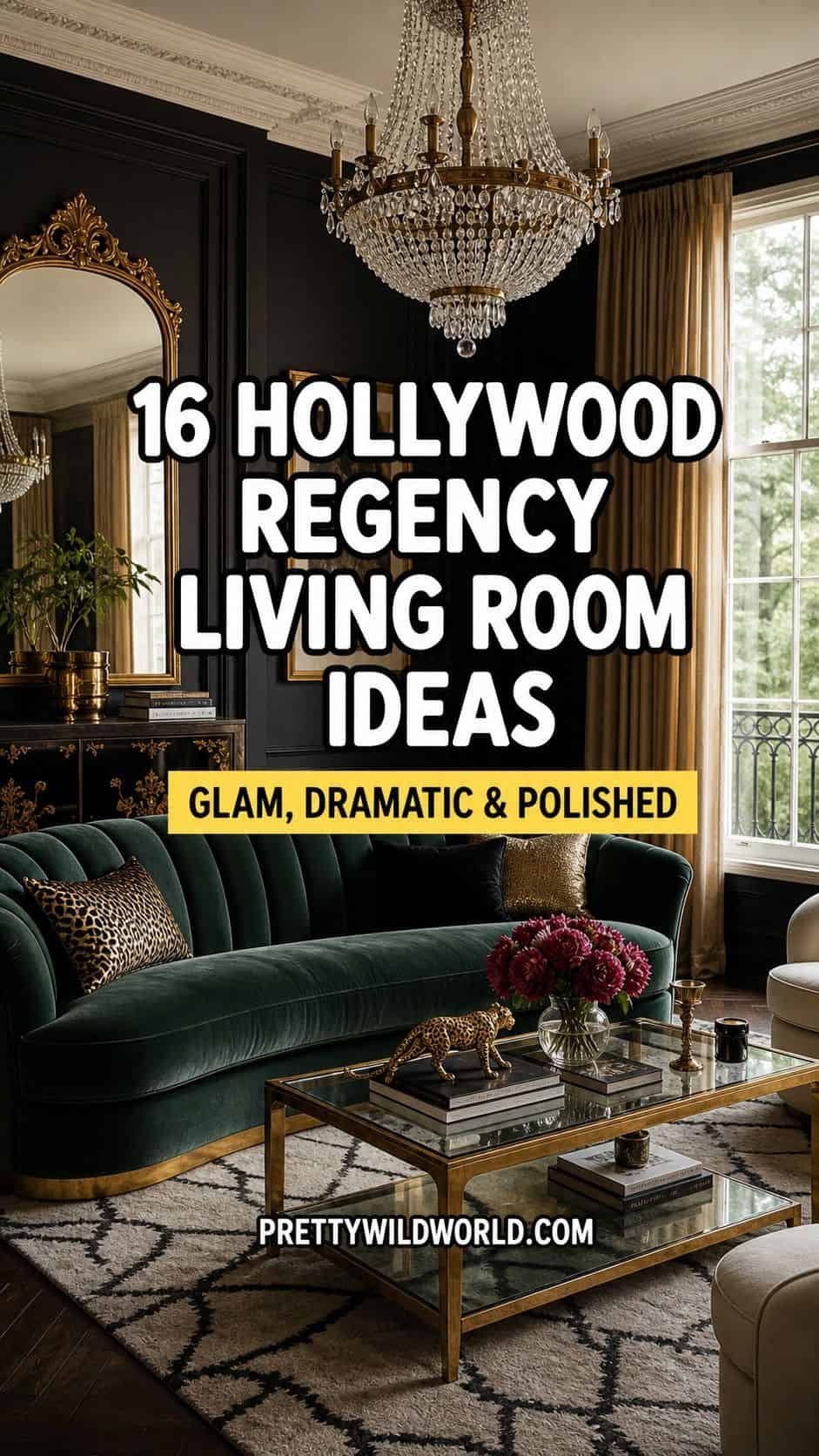 Pinterest pin for a Pretty Wild World guide to Hollywood Regency living room ideas, featuring a glamorous living room with velvet seating, brass accents, a crystal chandelier, mirror details, and bold contrast. The graphic is designed for readers saving inspiration for a dramatic, polished space with classic Regency style, jewel tones, and practical decor ideas that still feel livable and easy to adapt at home.