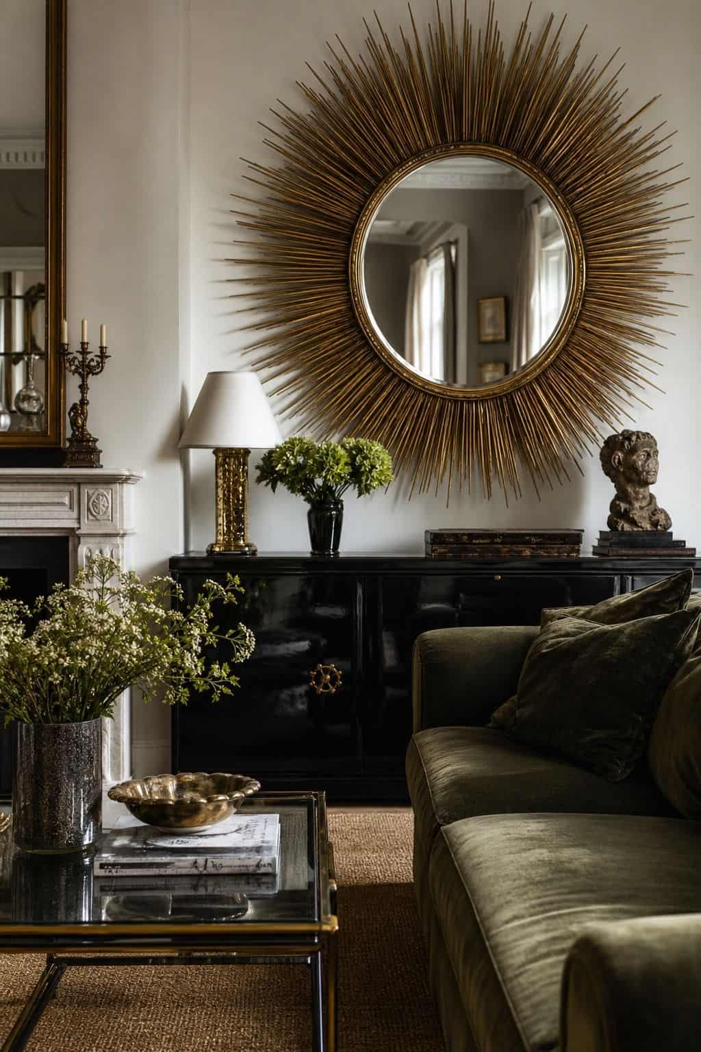 A moody Hollywood Regency living room with an oversized gold sunburst mirror centered above a mantel, styled with a black lacquer console, velvet seating, brass accents, creamy walls, and soft natural daylight. The mirror is the dramatic focal point, adding sculptural shine and old-Hollywood glamour while the layered textures keep the room polished, realistic, and livable for a statement wall vignette.