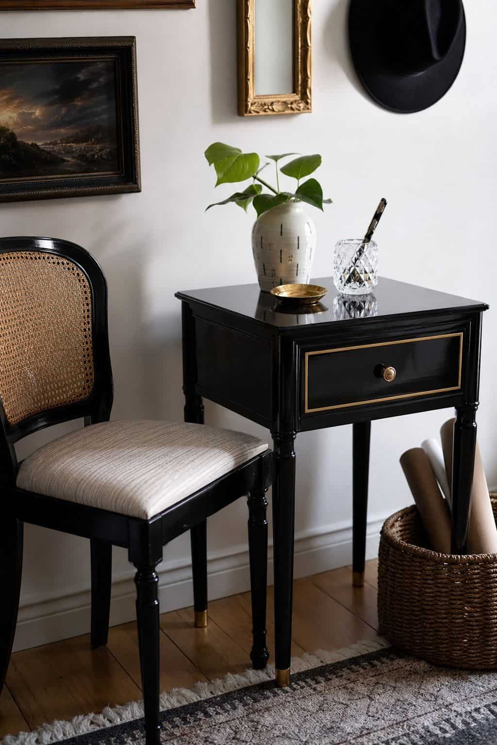 Moody editorial image of a thrifted side table and chair refreshed with high-gloss black spray paint and subtle gold trim in a small home workspace. The lacquer-like surface, taped edges, and slight handmade imperfections show an attainable Hollywood Regency furniture makeover that turns inexpensive secondhand pieces into polished glam decor. The setup emphasizes realistic prep and the contrast between ordinary furniture and a luxe-looking finish.