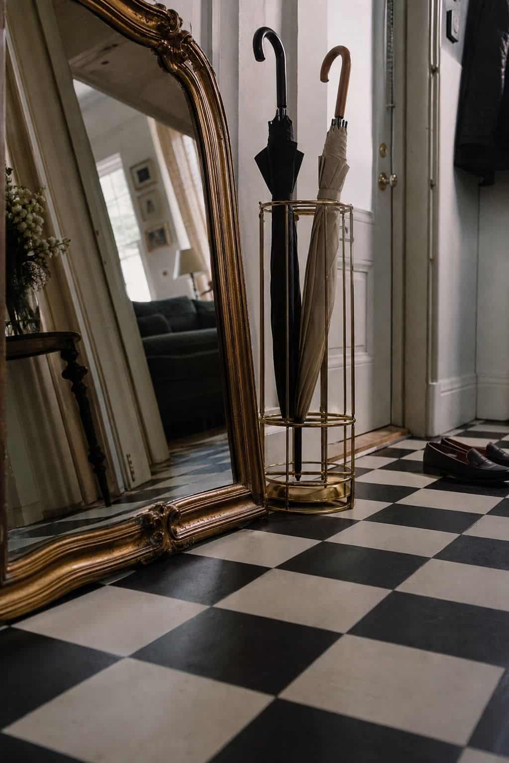 Low-angle editorial photo across an apartment entry with peel-and-stick black-and-white checkerboard tiles, a gold umbrella stand, and a thrifted mirror catching natural light. The image highlights a renter-friendly Hollywood Regency floor upgrade that adds drama and graphic contrast while keeping seams, texture, and small-space proportions believable. It makes the inexpensive flooring idea feel stylish, practical, and removable while still giving the entry a dramatic old Hollywood foundation.