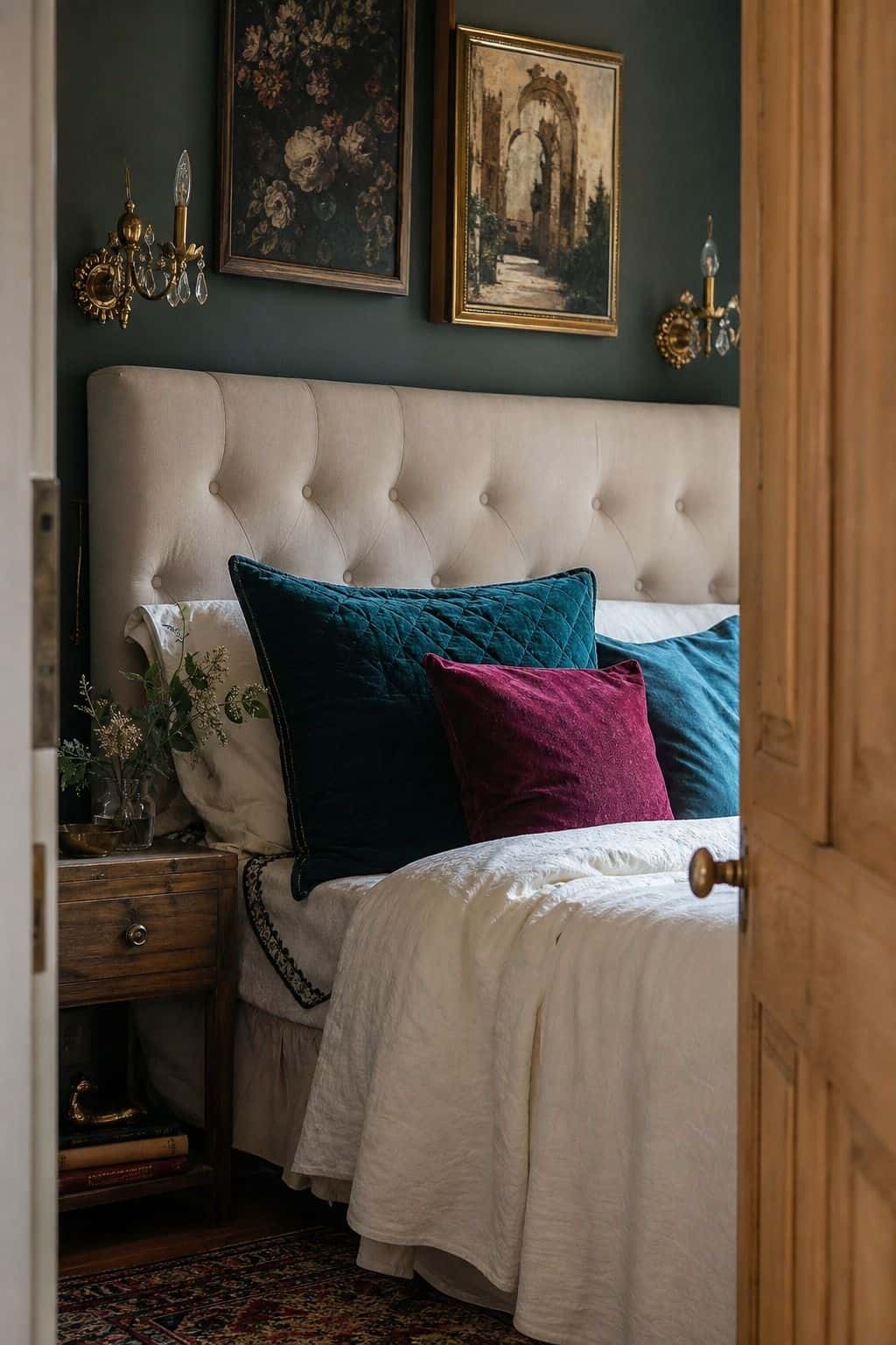Cozy Hollywood Regency bedroom photographed from the doorway with a cream velvet DIY tufted headboard, jewel-tone pillows, thrifted gold sconces, and soft glam bedding. The button tufting and gentle handmade texture keep the room approachable, proving a budget headboard project can give a bedroom a luxe vintage hotel feeling. The image emphasizes plush texture, soft hotel-inspired comfort, and a project that feels elegant without requiring a custom upholstery budget.