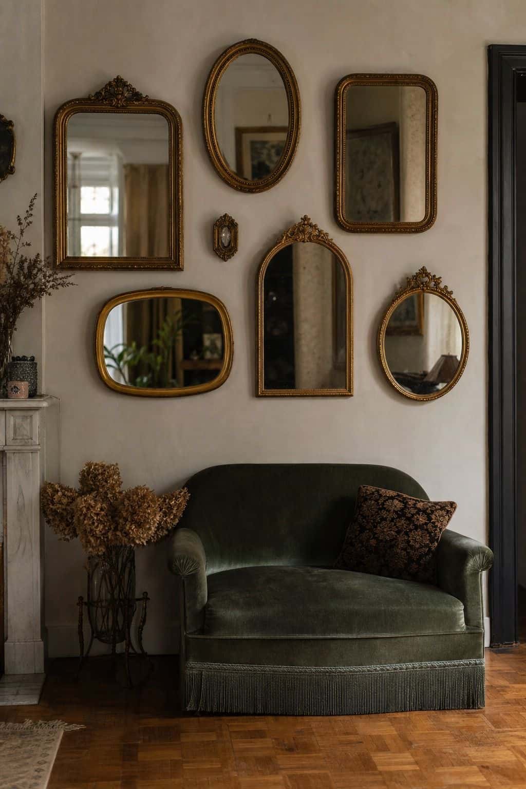 Layered living room wall with several gold-frame thrift mirrors hung salon-style above a small velvet settee. Aged gilding, imperfect mirror glass, and soft natural reflections give the arrangement personality and depth, showing how collected secondhand mirrors can create a glamorous Hollywood Regency focal wall without custom art prices. The composition makes the mirrors feel curated and affordable, with enough variation to suggest years of thrifting rather than a single matching set.