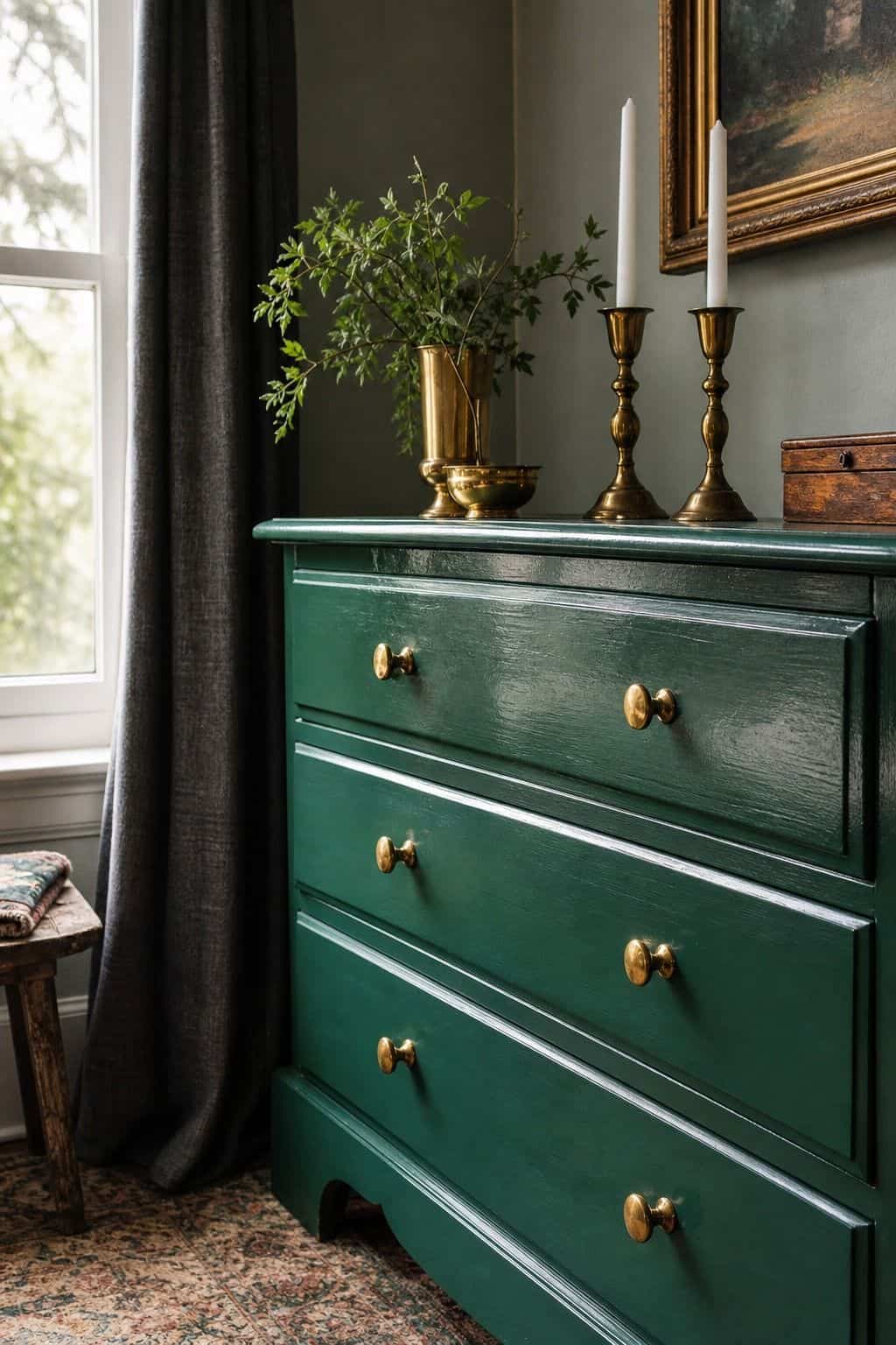 Close editorial view of an inexpensive dresser transformed with emerald jewel-tone paint, gold pulls, brass accessories, and a glossy finish. Subtle brush texture and natural shadow keep the makeover realistic, showing how painting budget furniture in a saturated Hollywood Regency color can make a practical piece feel custom and dramatic. The color brings depth and confidence to an ordinary dresser, making the makeover feel glamorous, practical, and easy to adapt in a real home.