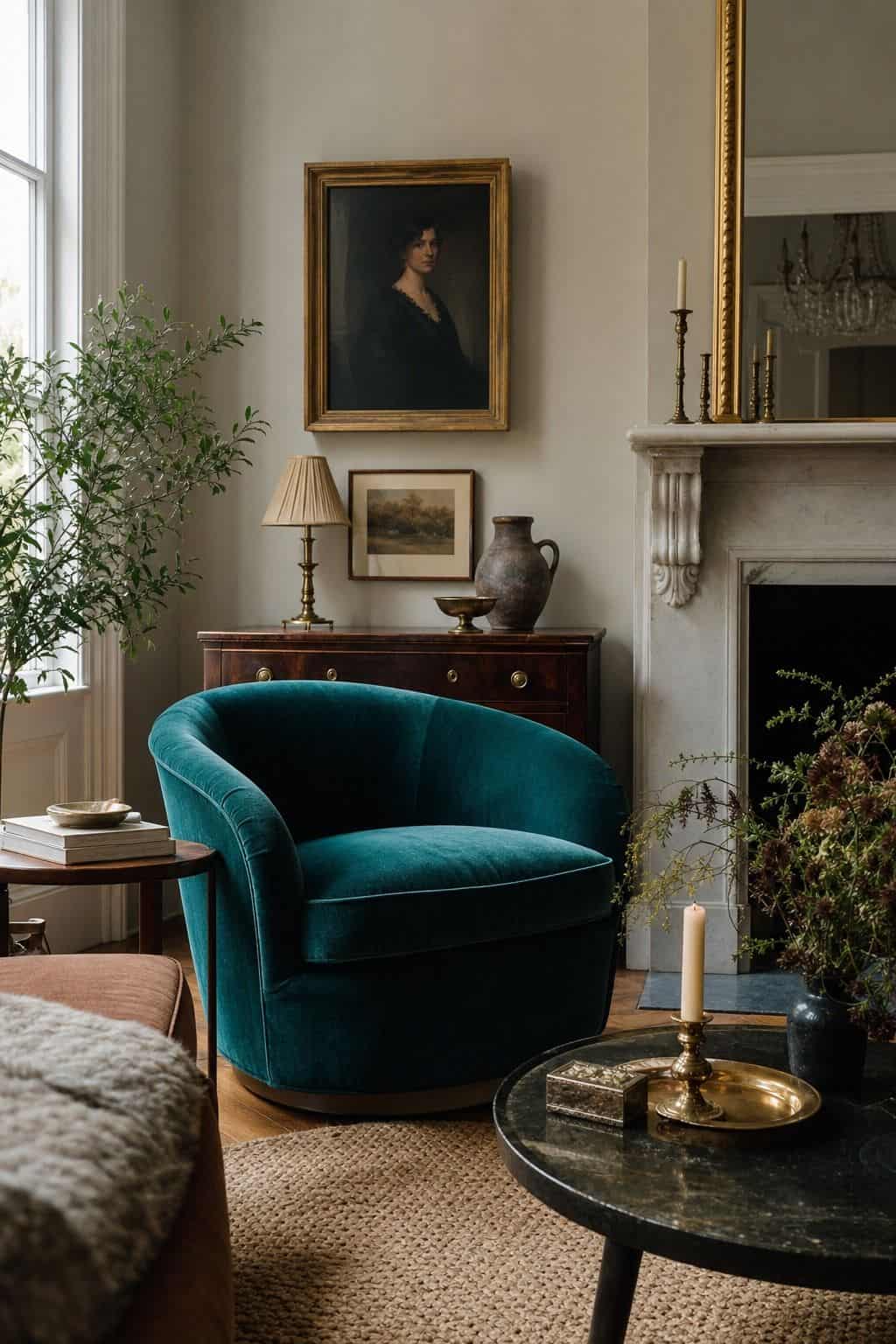 Pulled-together living room with one curved jewel-tone velvet chair as the statement splurge, surrounded by thrifted brass accents, a simple side table, and an understated rug. The high-low balance feels intentional and livable, illustrating how a single dramatic Hollywood Regency piece can lift a budget room without replacing everything. The composition highlights the decorating strategy clearly: invest in one unforgettable piece, then let affordable supporting items make it feel intentional.