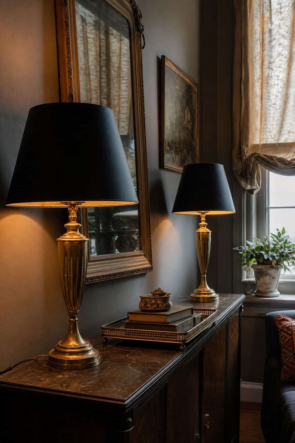 Intimate console vignette with glam thrifted lamps featuring brass bases, black shades, warm bulbs, a mirrored tray, and vintage books without readable text. Realistic cords, patina, and soft window light make the scene feel lived-in, showing how secondhand lighting can add instant Hollywood Regency atmosphere for very little money. The styling shows how lighting changes the mood of a budget room, adding height, glow, and vintage character without needing designer fixtures.
