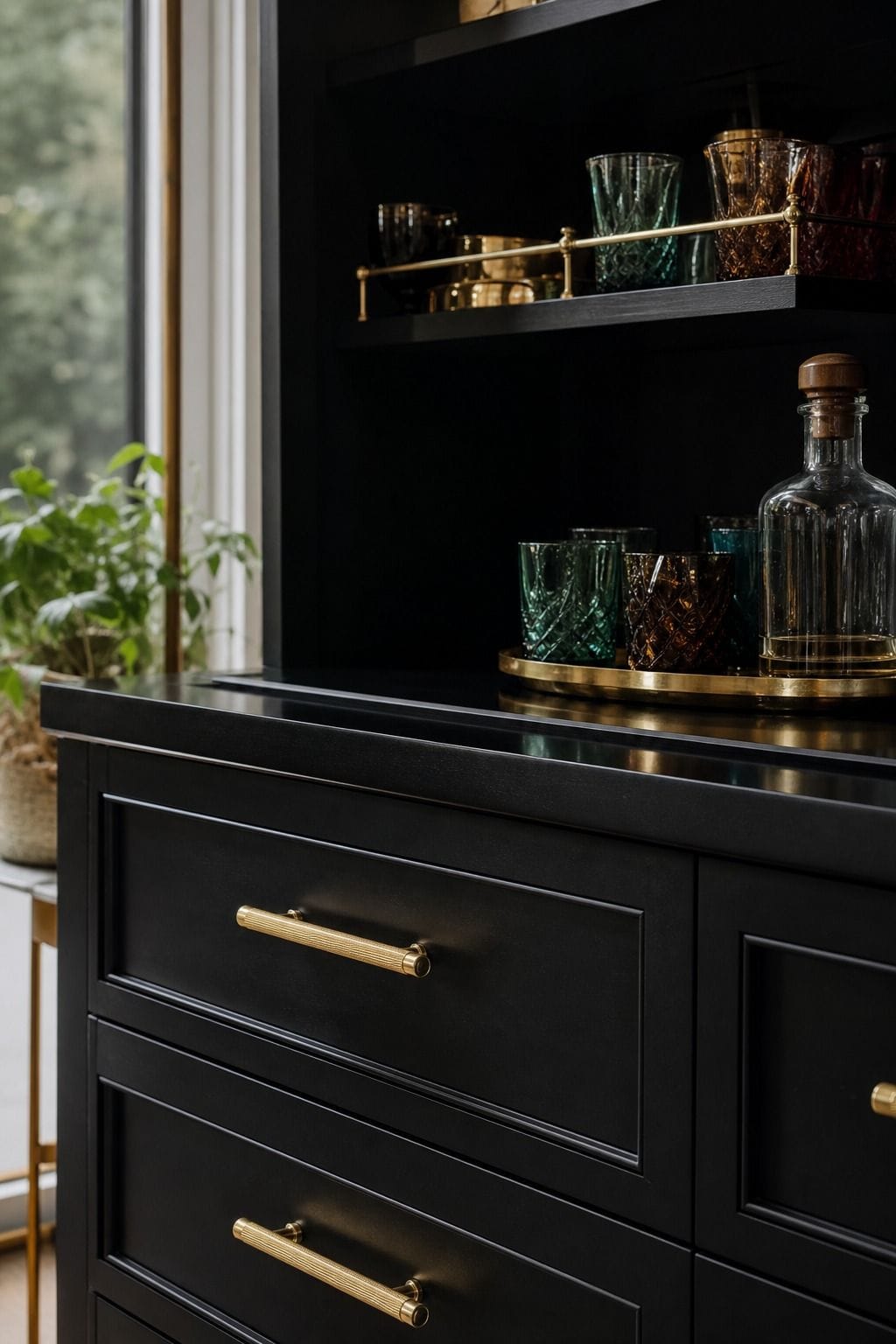 Close view of cabinet drawers in a small bar nook with newly swapped gold hardware, a black lacquer surface, and jewel-tone glassware without labels. The slight screw alignment and hand-installed details feel realistic, showing how changing pulls and knobs can give basic furniture a Hollywood Regency lift without a full renovation. The detail shot makes the hardware swap feel simple but high-impact, turning plain cabinetry into something sharper, warmer, and more glamorous.