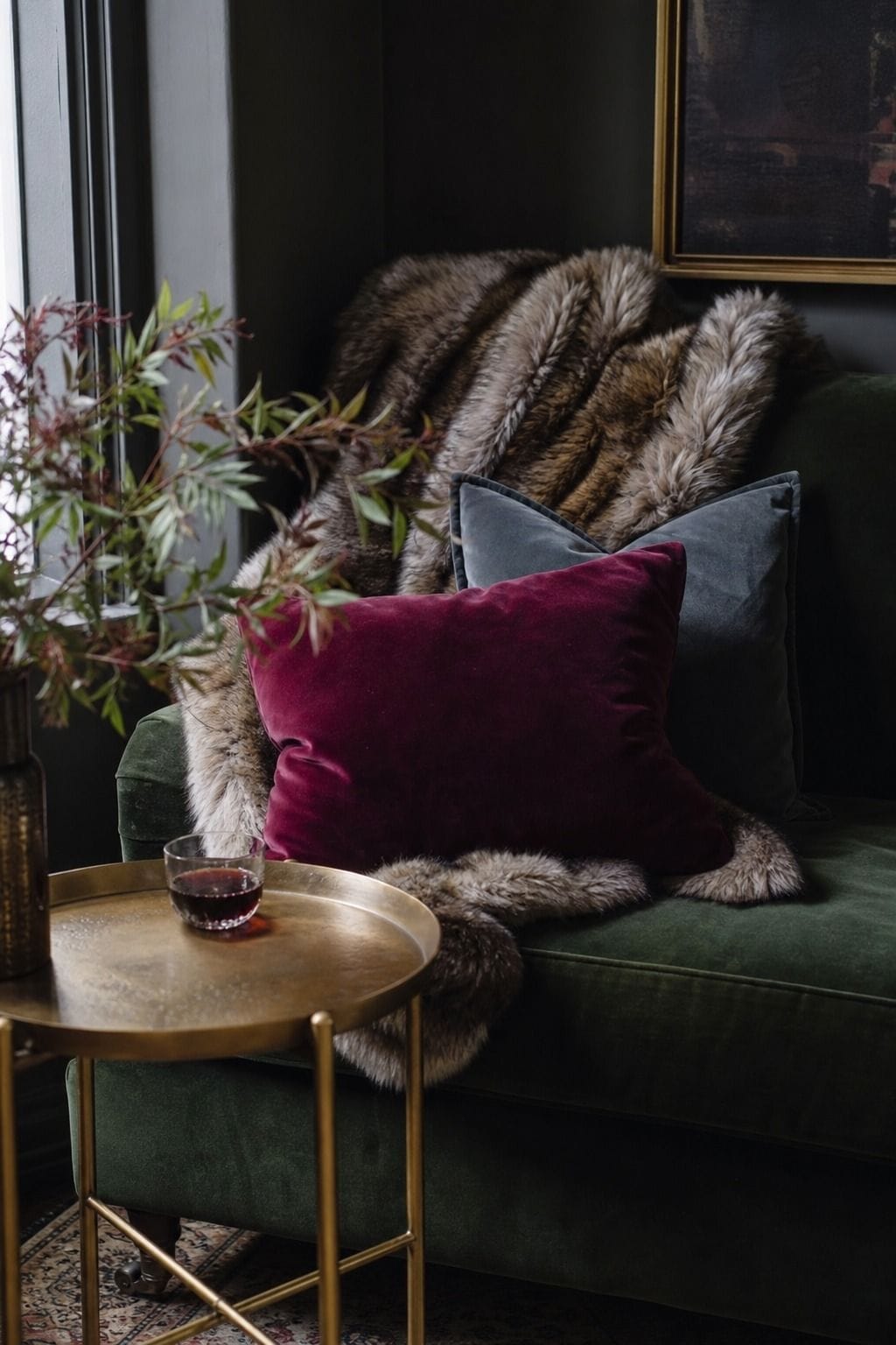 Cozy closeup of a simple loveseat layered with faux-fur and velvet remnant pillows, jewel-tone fabric, and a small brass side table. The wrinkles, seams, and tactile textures make the styling feel attainable, showing how small fabric scraps and affordable throws can add Hollywood Regency softness, drama, and depth on a budget. The fabrics add instant softness and drama, making a basic seating area feel richer through touchable layers rather than expensive furniture.