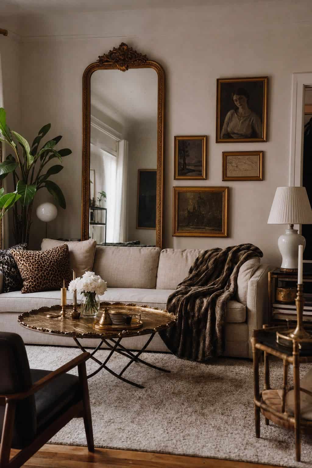 Pulled-back living room with a high-low mix of a polished vintage mirror, affordable sofa, thrifted brass coffee table, inexpensive framed art, and layered textiles. The room feels collected rather than costly, showing how Hollywood Regency style works best when a few glamorous pieces are balanced with practical budget finds. The view emphasizes proportion, restraint, and personality, making the budget pieces look chosen and styled rather than temporary or mismatched.