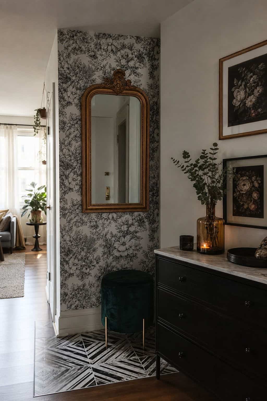 Renter-friendly apartment corner with removable glam upgrades including a peel-and-stick floor accent, command-hung gold mirror, temporary black-and-white wall panel, and small velvet stool. The compact proportions and no-renovation details show how Hollywood Regency drama can work in a rental without permanent construction. The scene focuses on reversible choices, proving a rented room can still feel tailored, dramatic, and glamorous without risking a deposit.
