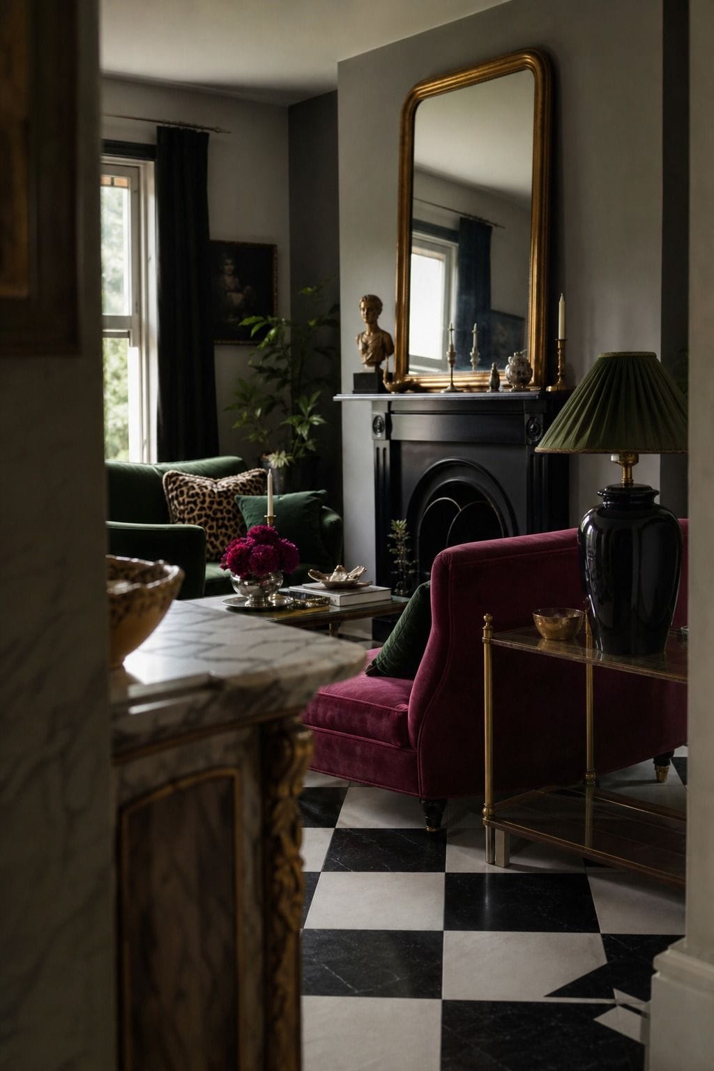 Finished small-room refresh with a cohesive budget Hollywood Regency look: black-and-white floor, jewel-tone seating, gold mirror, thrifted lamps, faux marble surface, velvet, brass, and layered accessories. The room feels glamorous but attainable, showing how many inexpensive ideas can come together into one polished transformation. The finished view ties the whole article together, showing a realistic room that feels styled, personal, and glamorous without looking unattainable.