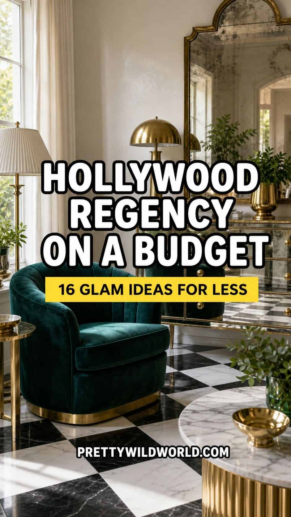 Vertical Pretty Wild World Pinterest pin for a Hollywood Regency on a Budget guide, set over a glamorous but affordable living room with black-and-white flooring, brass accents, mirrored furniture, and jewel-tone velvet. Large outlined white title text reads Hollywood Regency on a Budget, with a yellow subtitle bar promising 16 glam ideas for less and PrettyWildWorld.com near the bottom. The design feels bold, clear, and save-worthy for budget home decor inspiration.