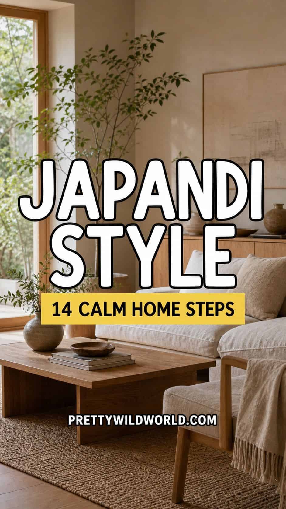A Pretty Wild World Pinterest pin for Japandi style, featuring a warm neutral Japandi interior hero image with large outlined title text reading Japandi Style, a sunshine yellow subtitle bar for 14 calm home steps, and the site name near the bottom. The design promotes a step-by-step guide to creating a calm, warm, minimalist home. It is made for saving as a quick visual reference on Pinterest boards.