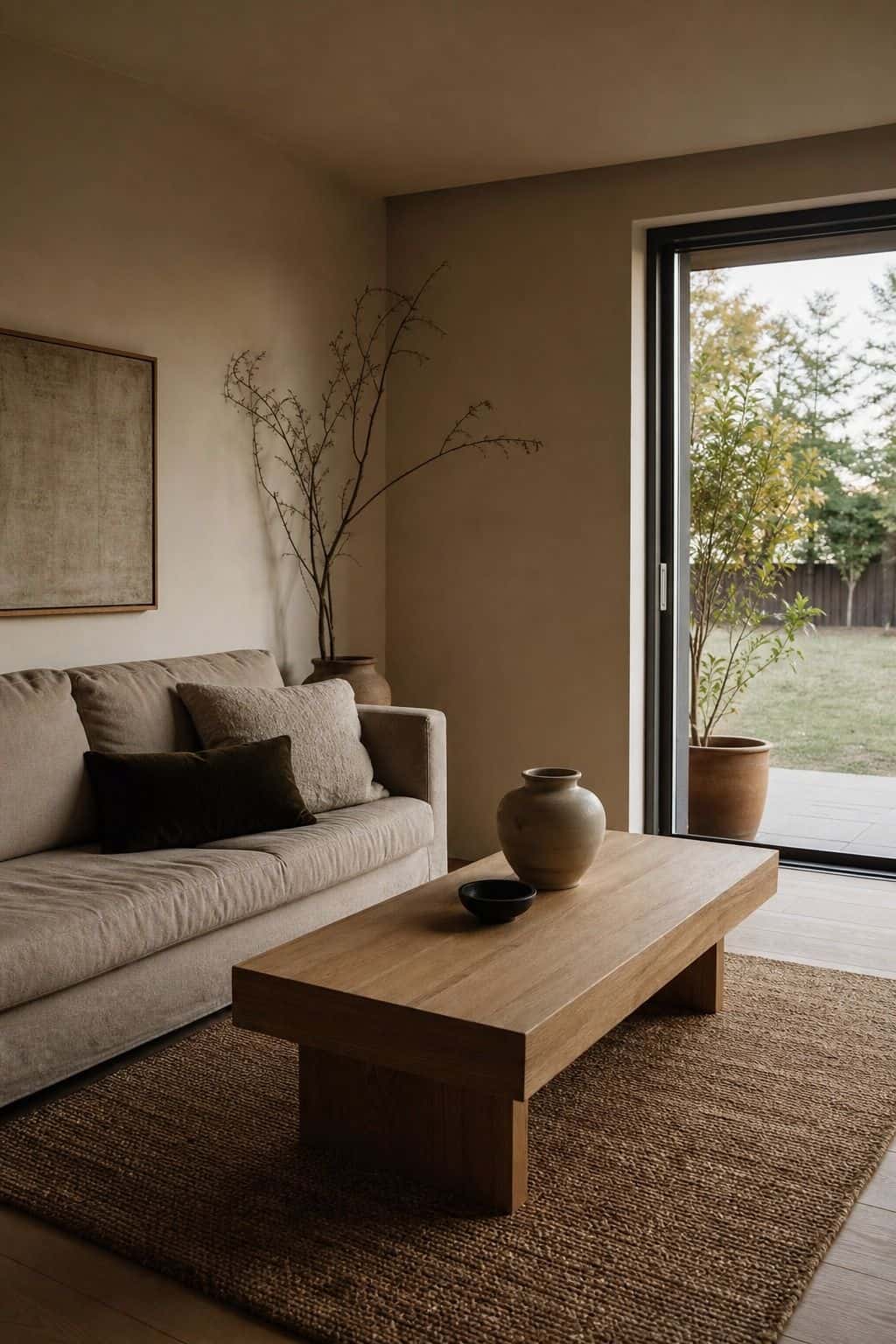 Decluttered Japandi living room with a low sofa, light wood table, and warm neutral styling.