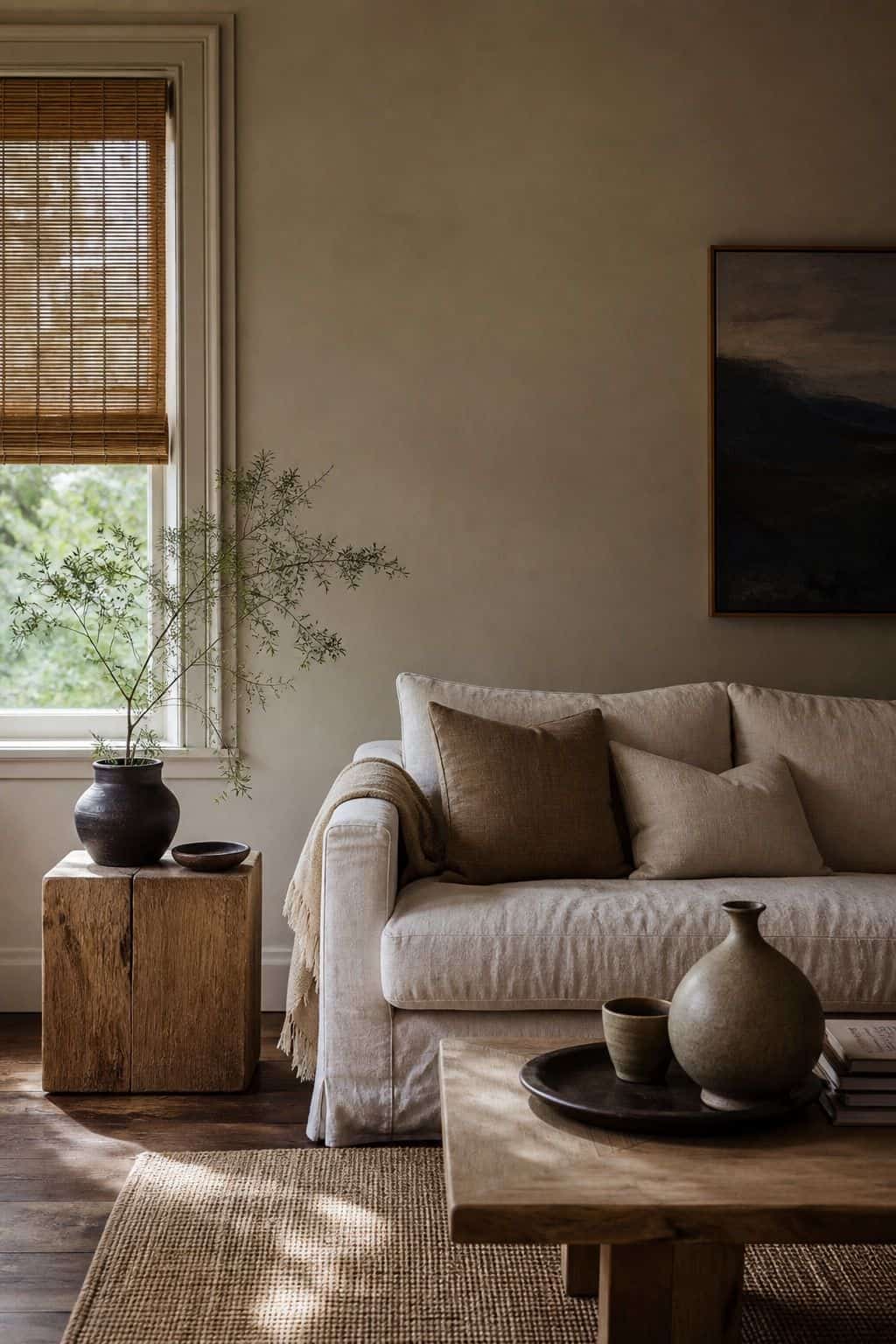 Japandi room with a freshly painted warm neutral wall, light wood furniture, and soft linen accents.