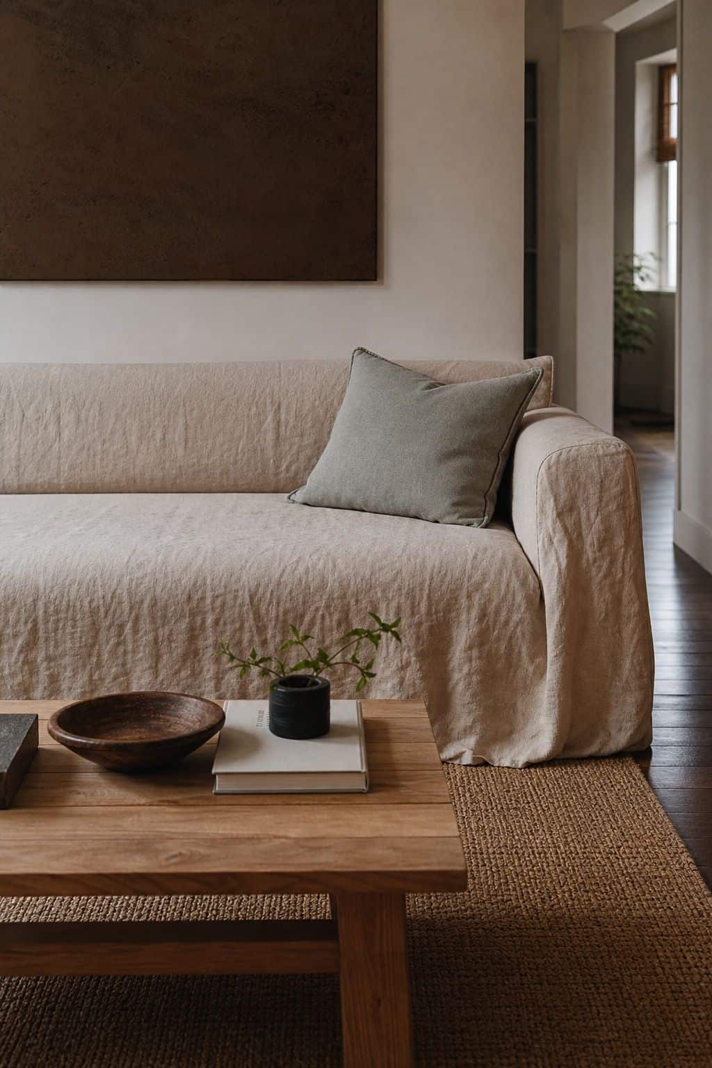 Budget Japandi sofa refreshed with a loose natural linen slipcover and simple wood accents.