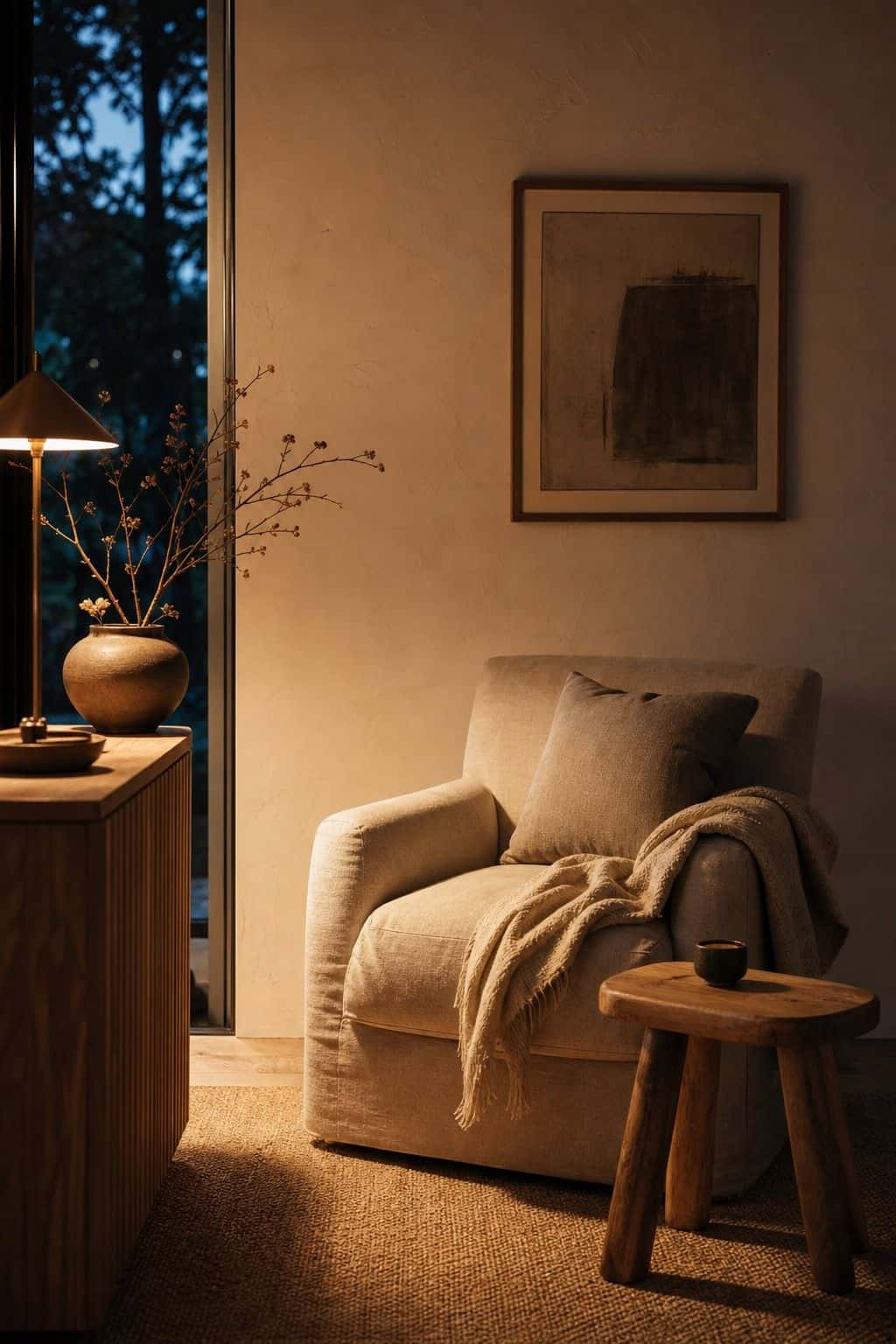 Warm bulb lighting creates a calm Japandi corner with linen seating and light wood decor.