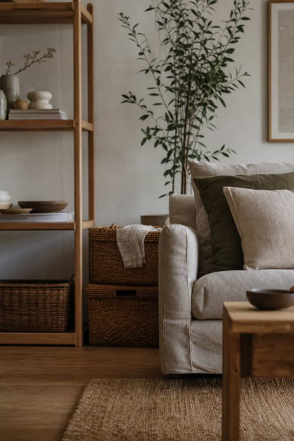 Woven baskets add affordable storage and texture to a warm minimalist Japandi living room.