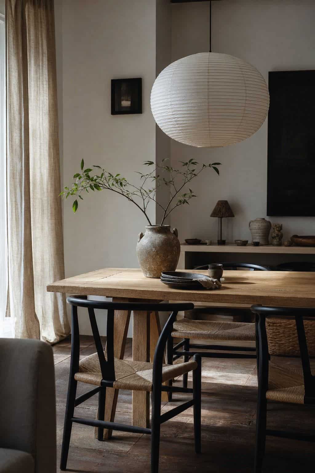 Paper lantern light hanging over a simple Japandi dining nook with light wood and linen details.