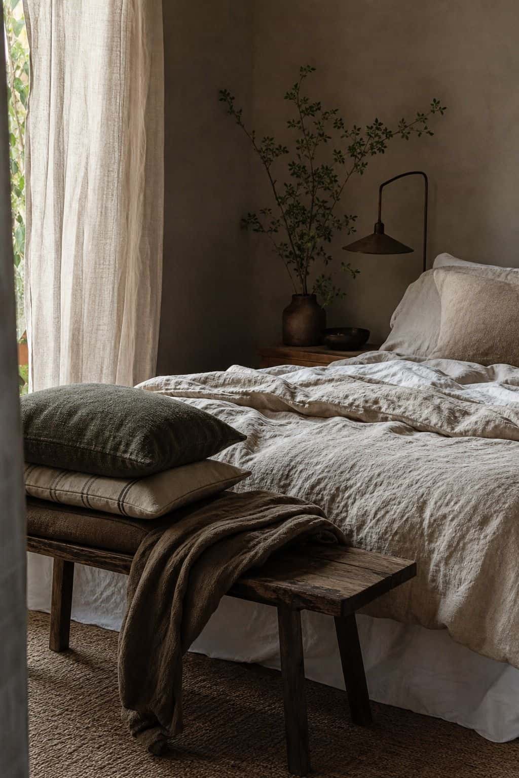 Layered linen throws and cushions bring soft texture to an affordable Japandi bedroom.